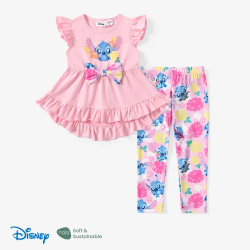 Disney Stitch Toddler Girls 2pcs Naia™ Algodón Estampado Floral Lazo Capas con volantes Top con conjunto de leggings