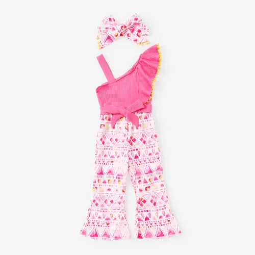 Toddler Girl 2cps Sweet Colorblock Geometric Pattern Jumpsuit and Headband Set