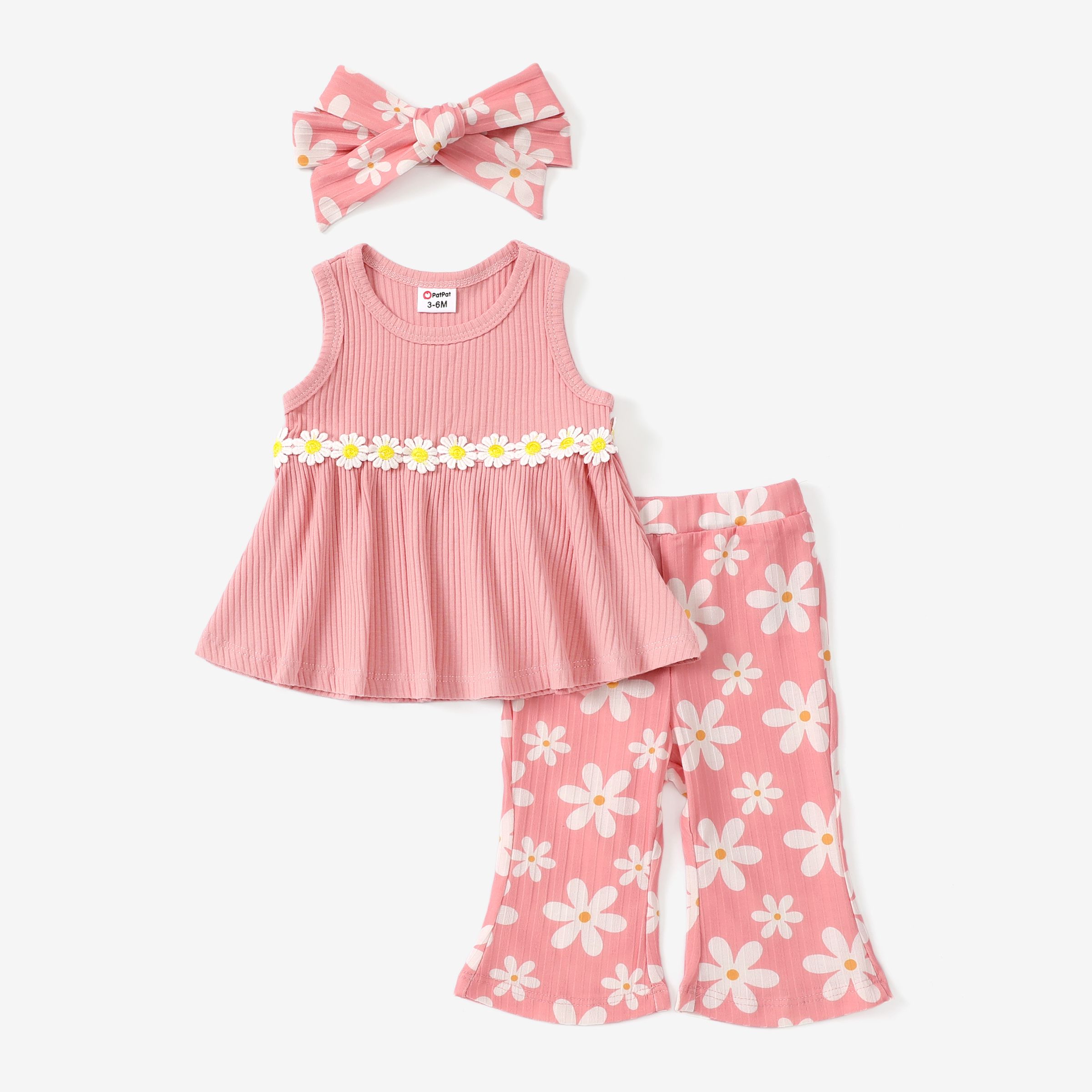 Baby Girl 3pcs Sweet Little Daisy 3D Top and Floral Print Flared Pants with Headband Set