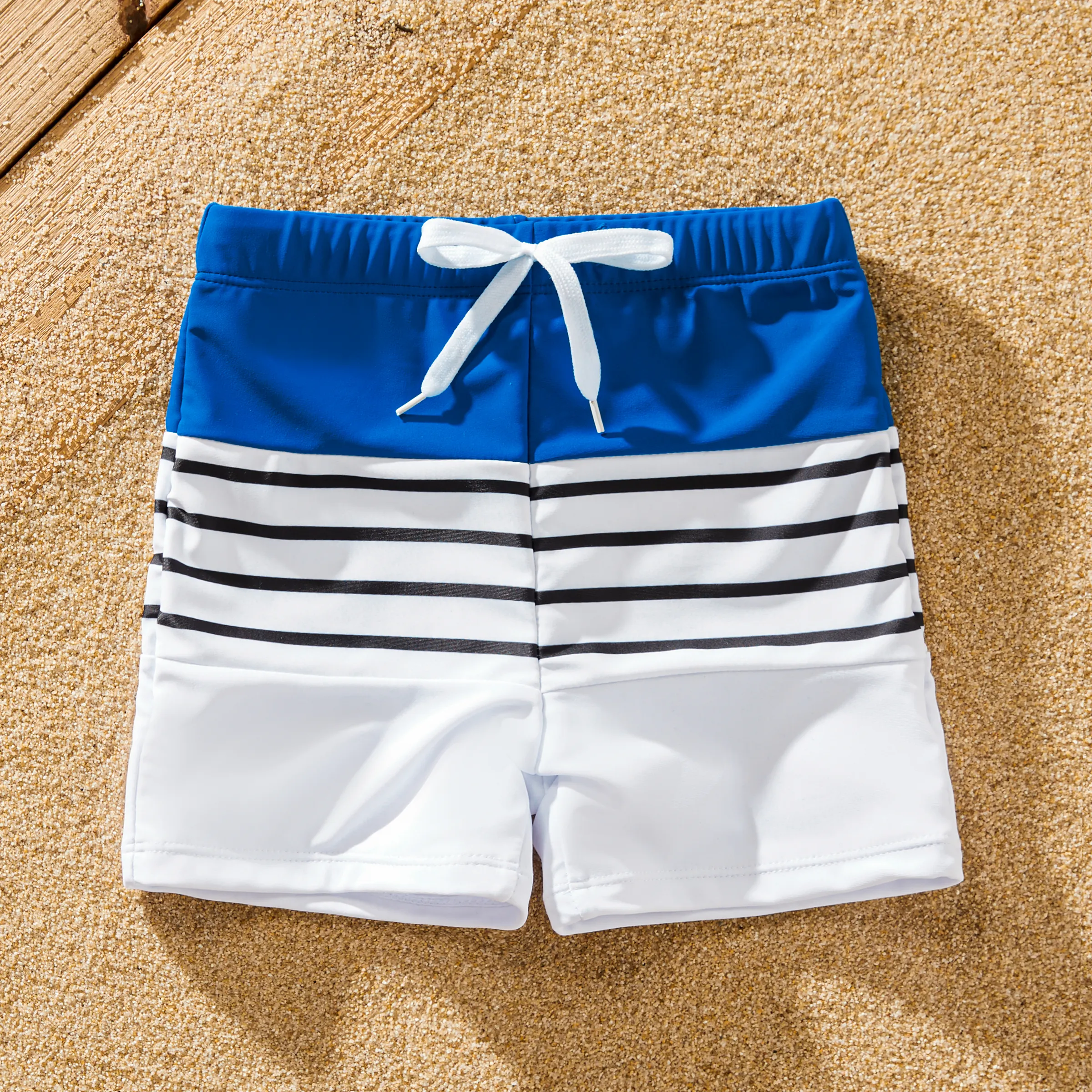 Matching Family Swimsuit Colorblock Drawstring Swim Trunks or Striped Blue Spliced Tankini with Cros
