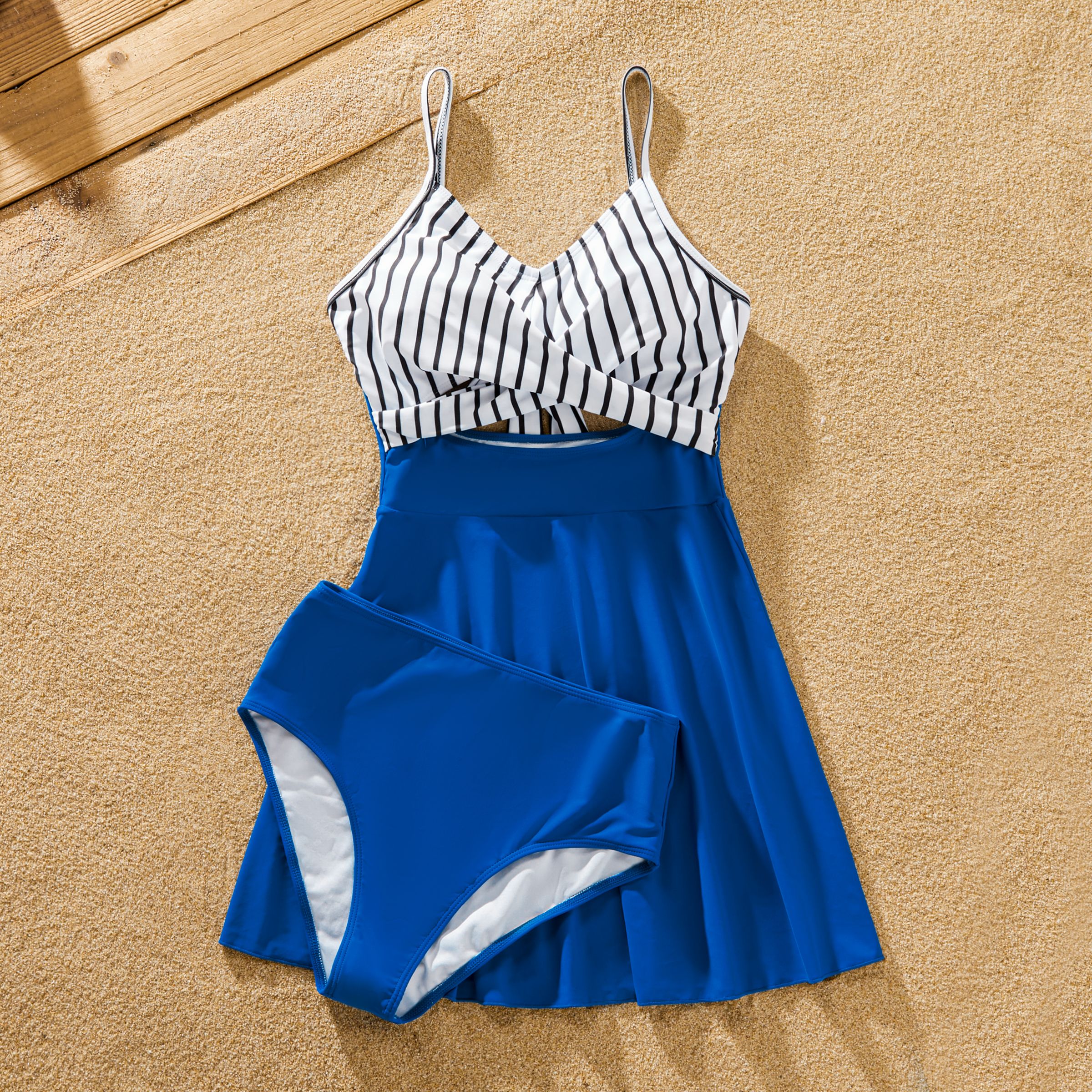 Matching Family Swimsuit Colorblock Drawstring Swim Trunks or Striped Blue Spliced Tankini with Cros