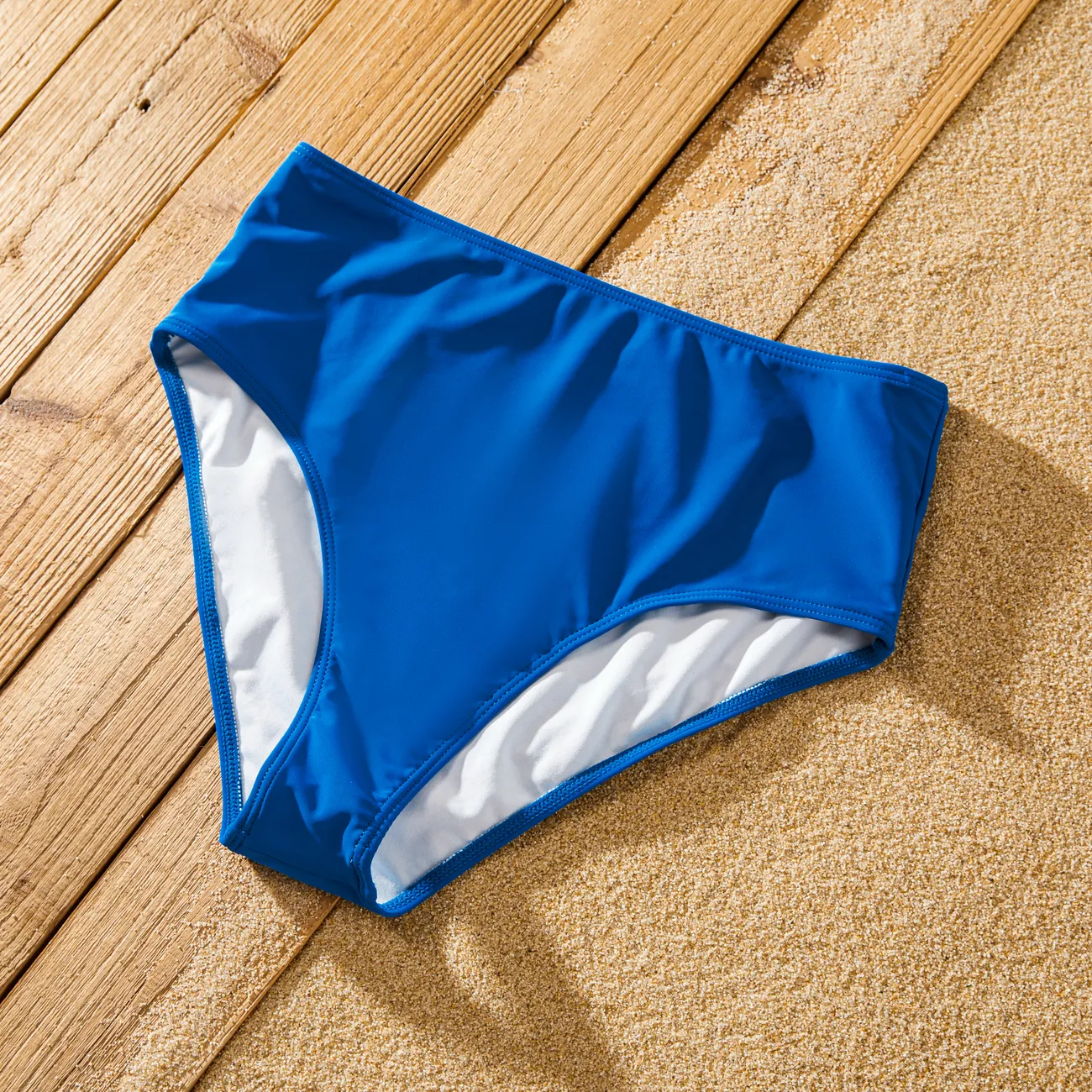 Matching Family Swimsuit Colorblock Drawstring Swim Trunks or Striped Blue Spliced Tankini with Cross-Front, Tie-Back, and Thin Straps Color block big image 1