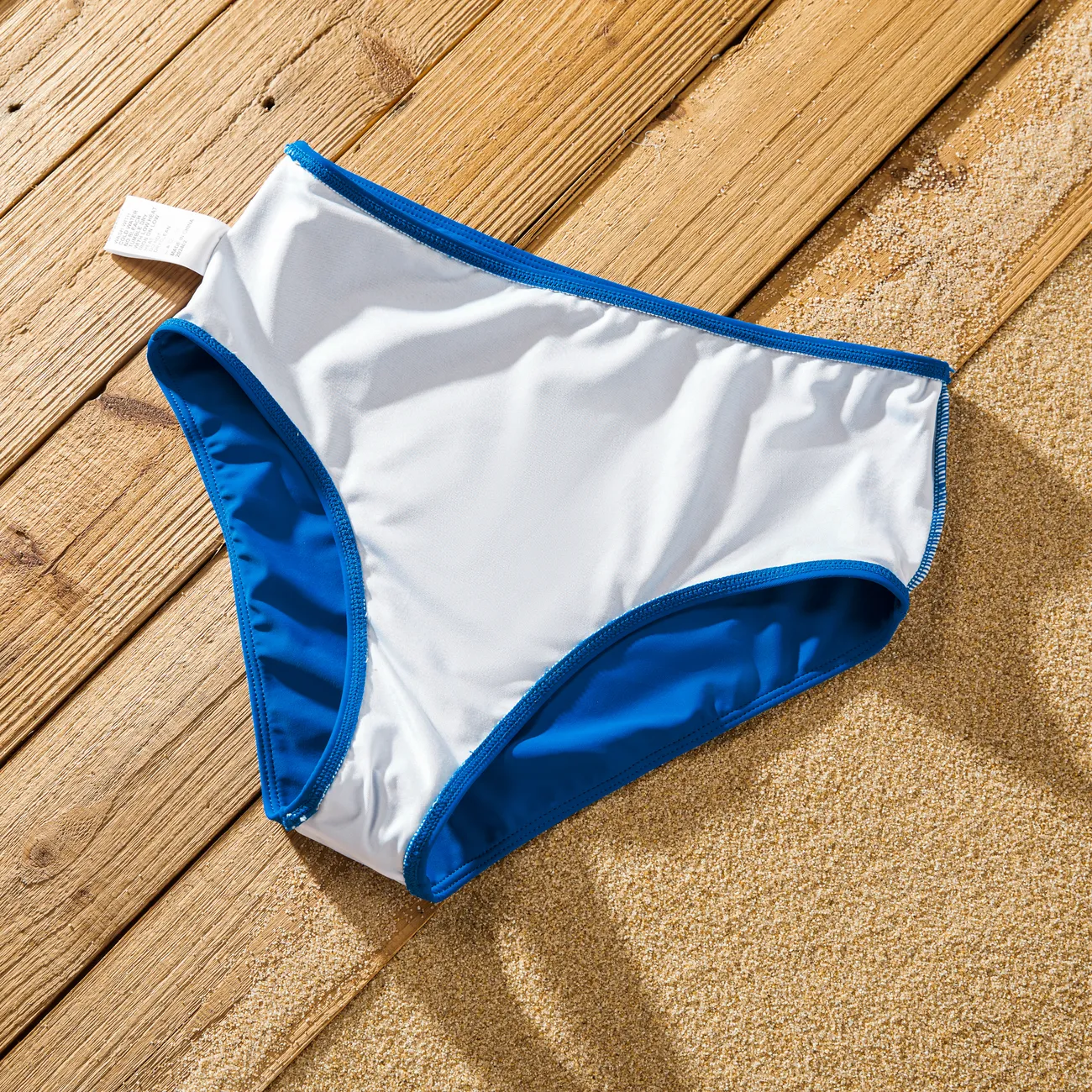 Matching Family Swimsuit Colorblock Drawstring Swim Trunks or Striped Blue Spliced Tankini with Cross-Front, Tie-Back, and Thin Straps Color block big image 1