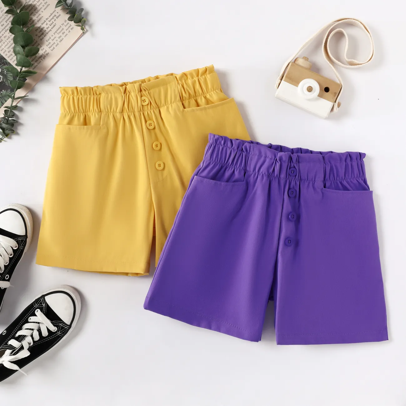 Lindos pantalones cortos de encaje de cintura alta para niñas, tela de poliéster, juego de 1 pieza, estilo casual, color sólido Amarillo big image 1