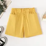 Cute High-Waisted Lace Shorts for Girls, Polyester Fabric, 1pc Set, Casual Style, Solid Color Yellow