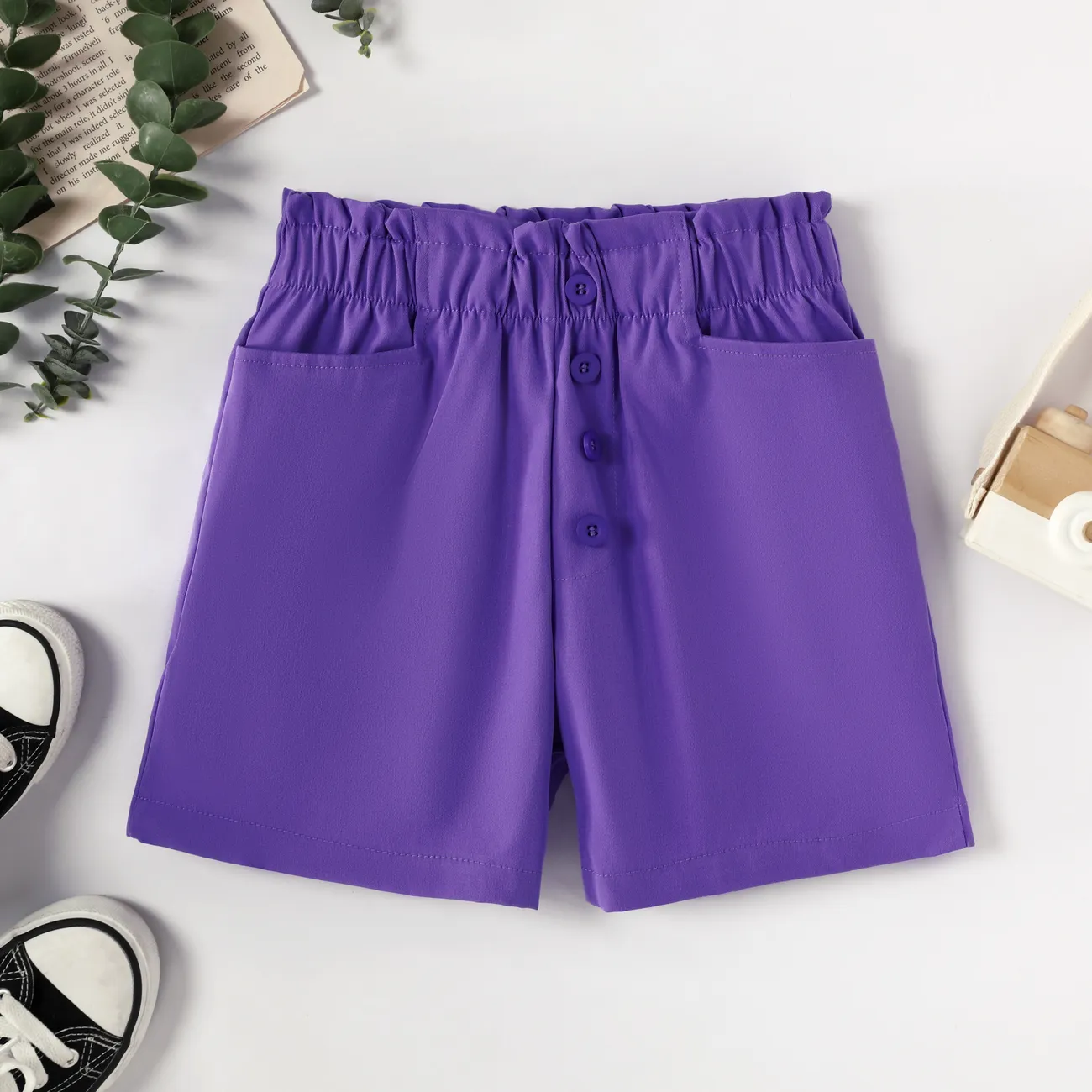 Cute High-Waisted Lace Shorts for Girls, Polyester Fabric, 1pc Set, Casual Style, Solid Color Purple big image 1