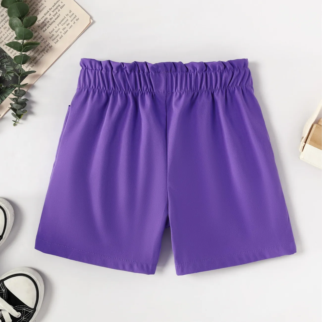 Lindos pantalones cortos de encaje de cintura alta para niñas, tela de poliéster, juego de 1 pieza, estilo casual, color sólido Púrpura big image 1