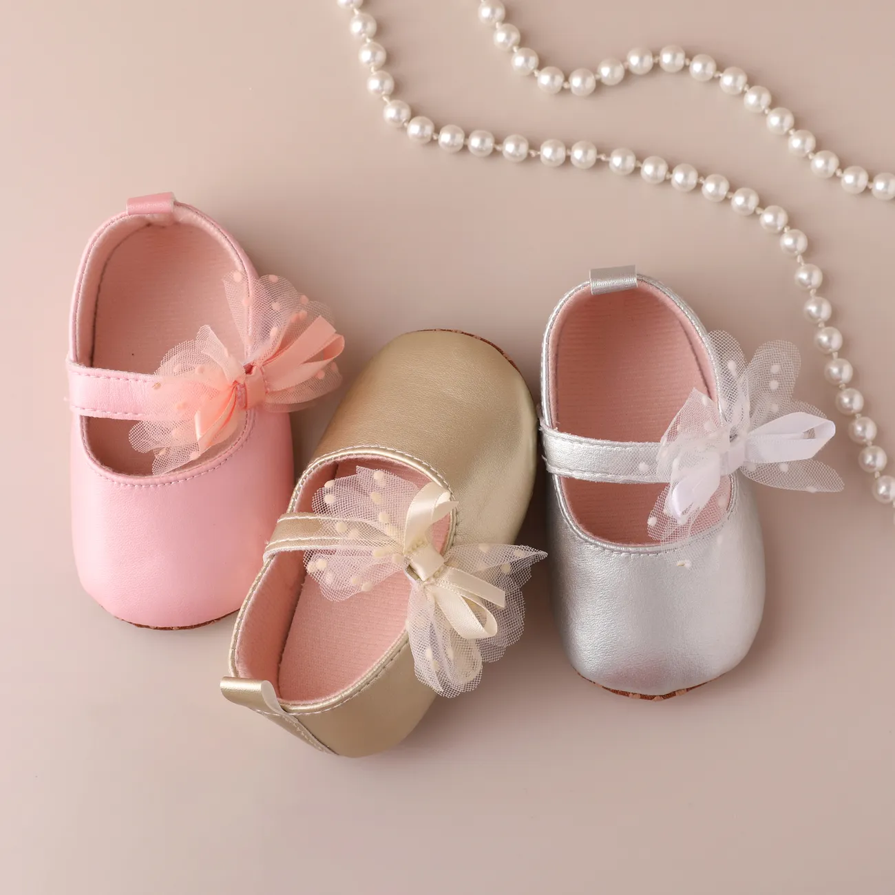 Baby/Toddler Girl Sweet Style Solid Color Bow Applique Velcro Closure Shoes  Silver big image 1