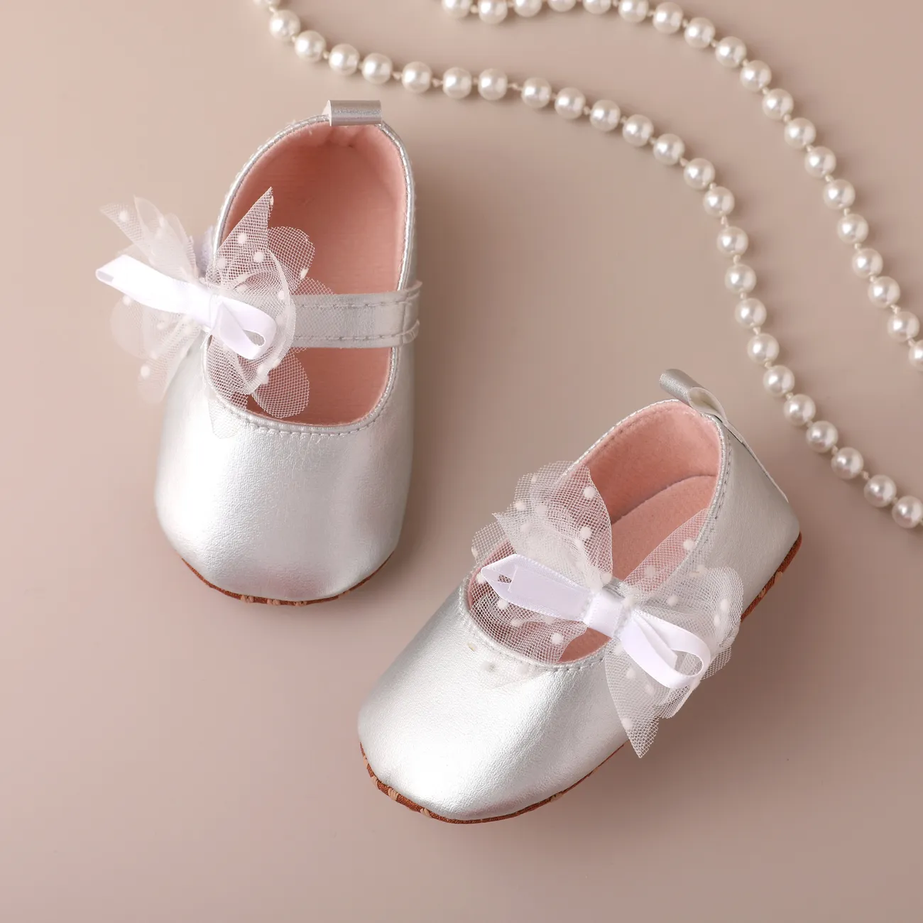 Baby/Toddler Girl Sweet Style Solid Color Bow Applique Velcro Closure Shoes  Silver big image 1