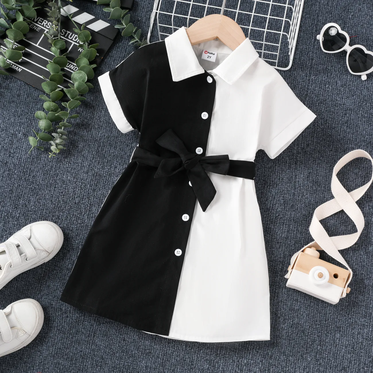 Cotton Toddler Girl Dress Set - Avant-Garde Solid Color Short Sleeve Dress with Fabric Stitching (2p BlackandWhite big image 1