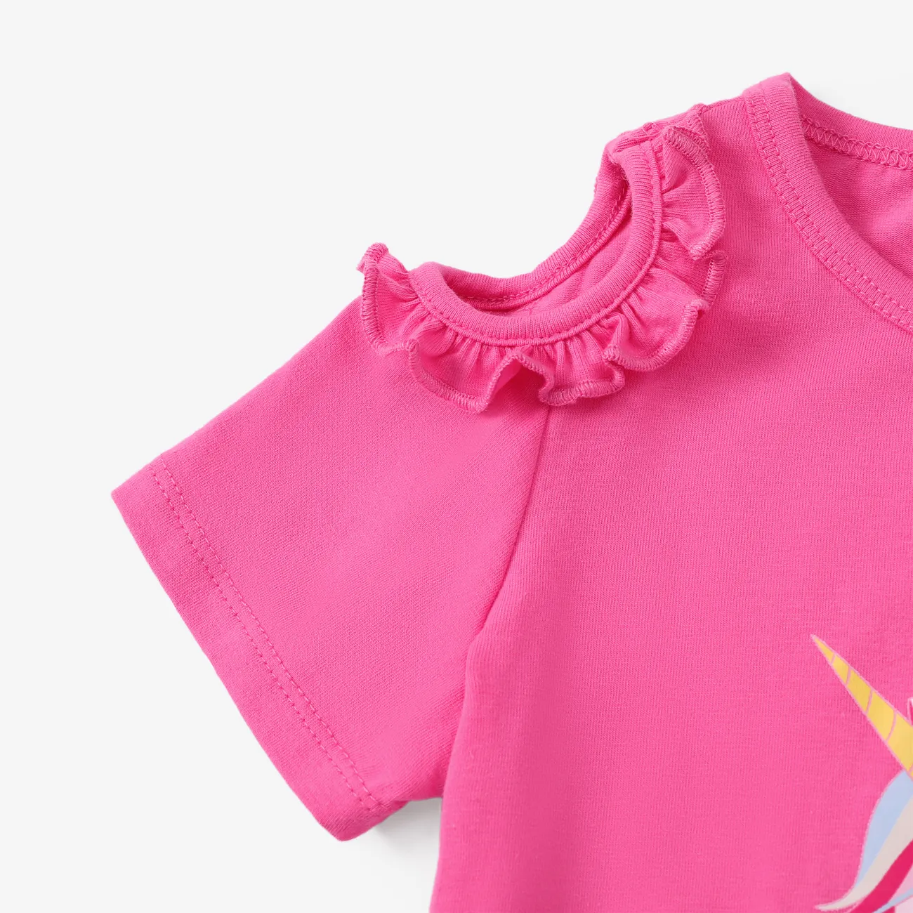蹣跚學步/小女孩 2 件裝甜美獨角獸印花荷葉邊 T 恤和緊身褲套裝 深粉色 big image 1