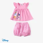 迪士尼米奇和朋友們嬰兒/幼兒女孩 2 件裝棉質角色印花荷葉邊袖上衣搭配格紋短褲套裝 粉色