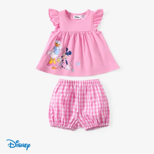 迪士尼米奇和朋友們嬰兒/幼兒女孩 2 件裝棉質角色印花荷葉邊袖上衣搭配格紋短褲套裝