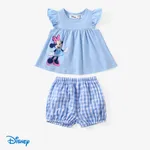 迪士尼米奇和朋友們嬰兒/幼兒女孩 2 件裝棉質角色印花荷葉邊袖上衣搭配格紋短褲套裝 藍色