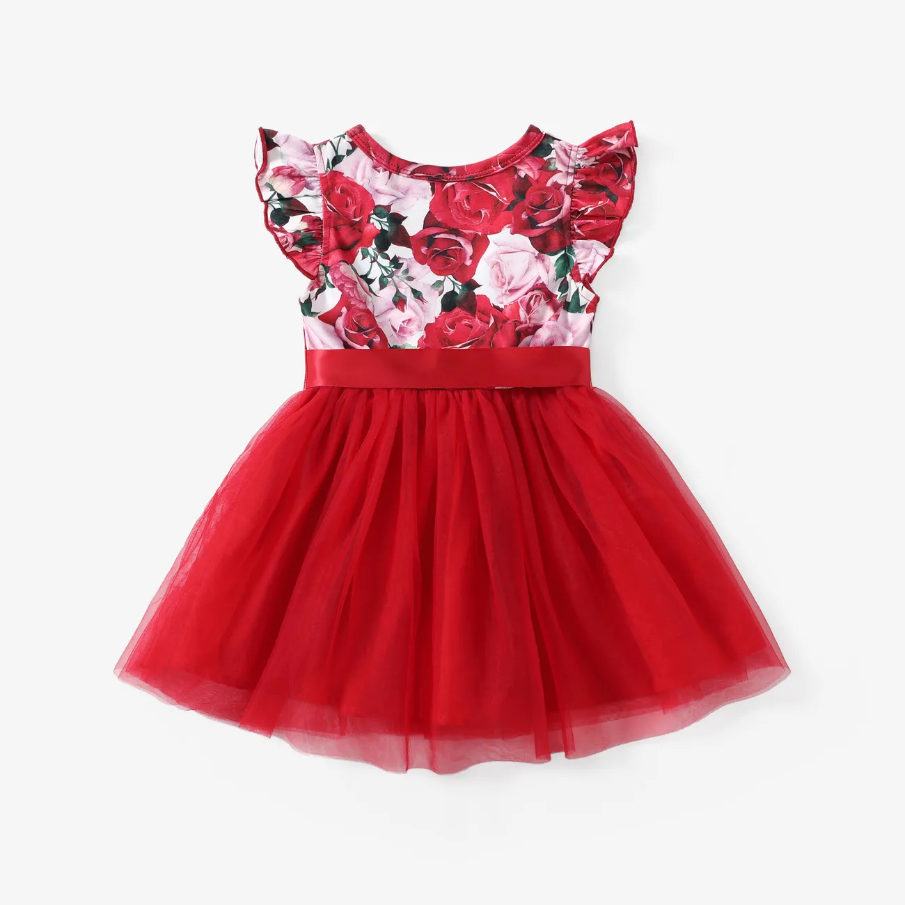 Toddler Girl Floral Print Mesh Spliced Dress Red big image 1