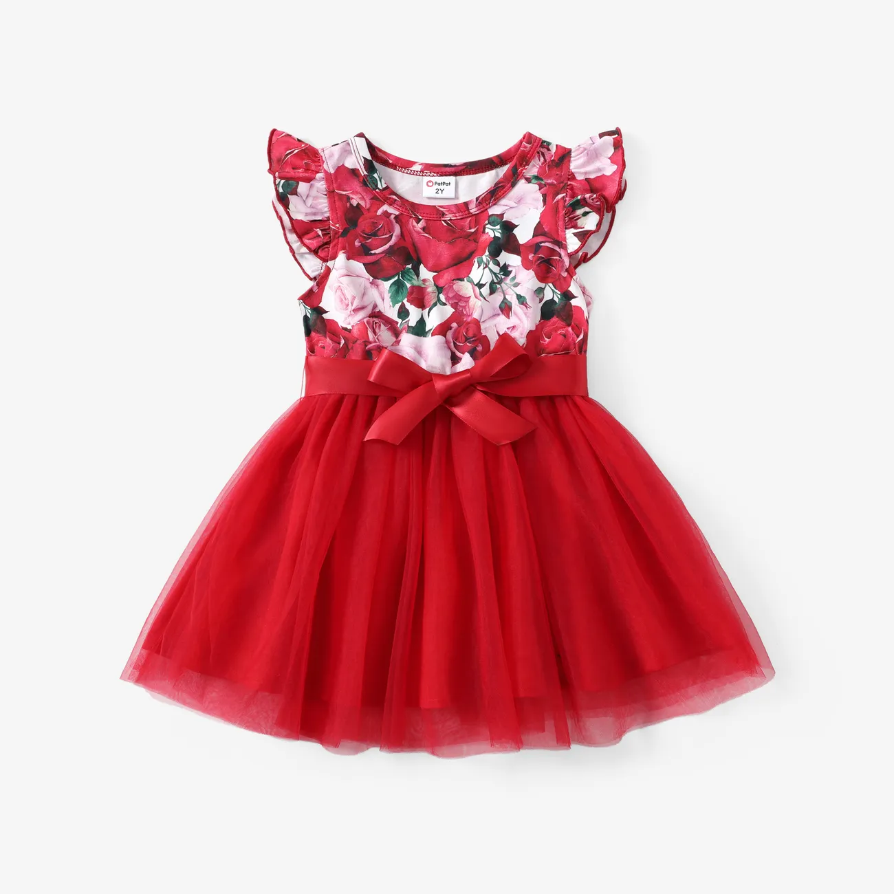 Toddler Girl Floral Print Mesh Spliced Dress Red big image 1