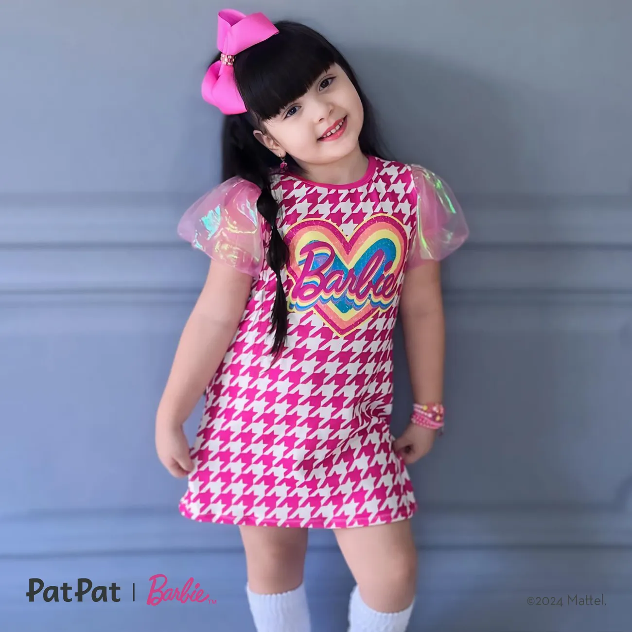 Barbie Kids/Toddler Girls Mother's Day Glossy Color Mesh Puff Sleeve Petite Houndstooth Dress PINK-1 big image 1
