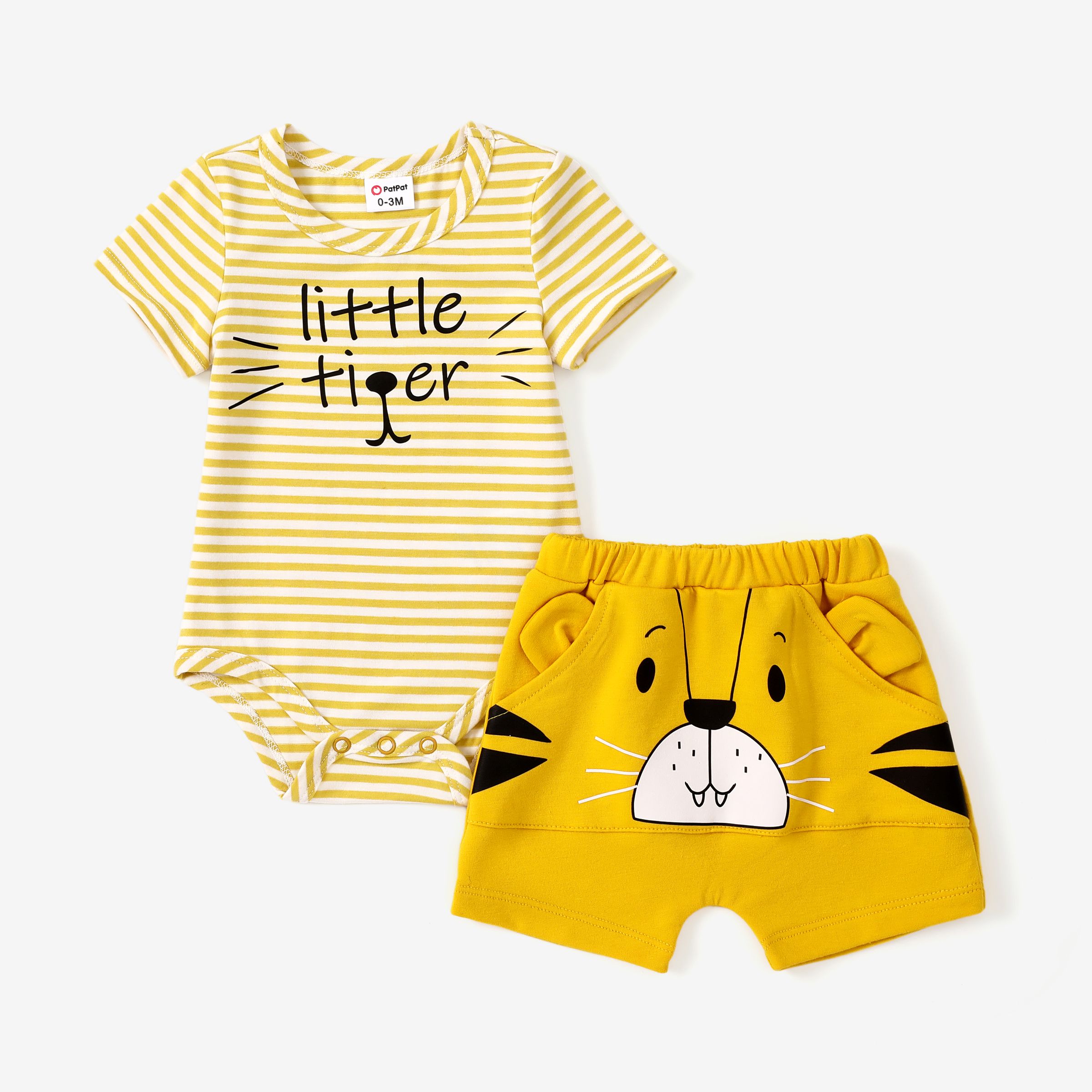Baby Boy 2pcs Childlike Striped Tee and Tiger/Bear 3D Design Shorts Set