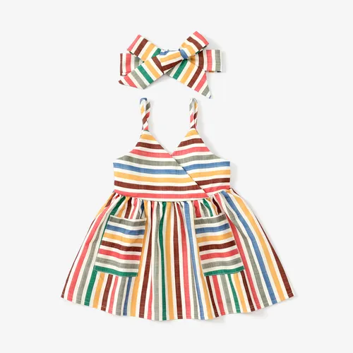 Bebé Niña 2pcs Bohemia Stripe Print Cami Dress con diadema