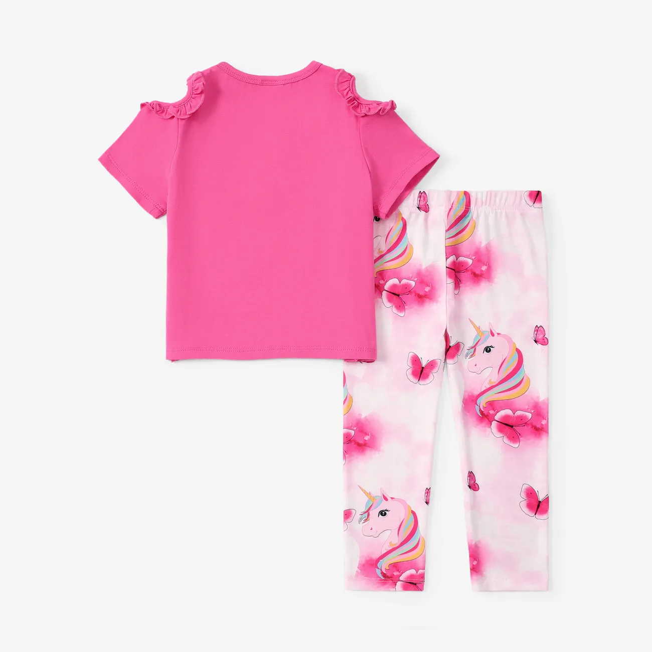Toddler/Kid Girl 2pcs Sweet Unicorn Print Ruffled Tee e Leggings Set Rosa Escuro big image 1