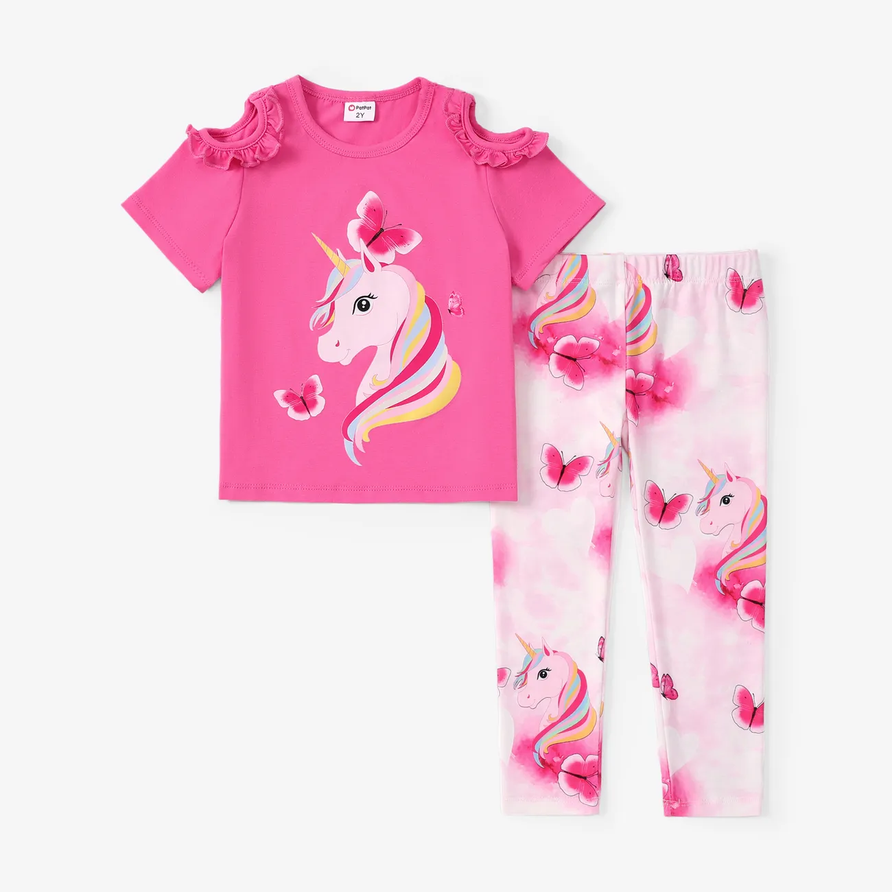 蹣跚學步/小女孩 2 件裝甜美獨角獸印花荷葉邊 T 恤和緊身褲套裝 深粉色 big image 1