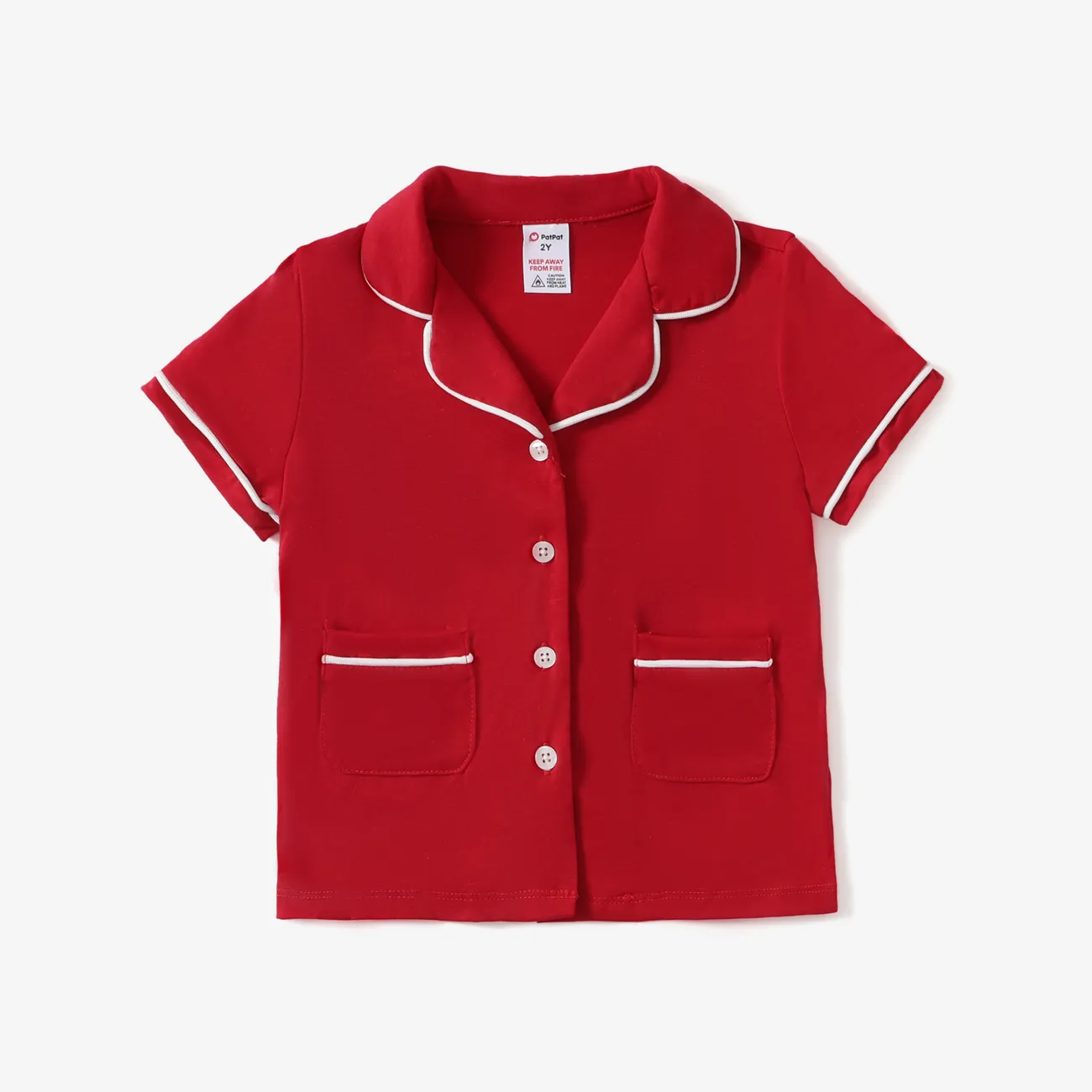Toddler/Kid Boy/Girl 2pcs Solid Color Lapela Pijamas Set Vermelho big image 1
