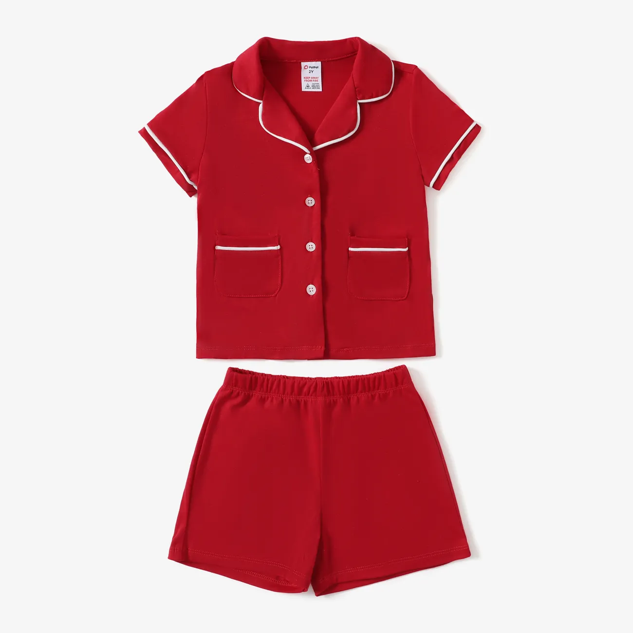 Toddler/Kid Boy/Girl 2pcs Solid Color Lapela Pijamas Set Vermelho big image 1
