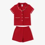蹣跚學步/兒童男孩/女孩 2 件純色翻領睡衣套裝 紅色