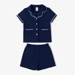Toddler/Kid Boy/Girl 2pcs Solid Color Lapela Pijamas Set Azul Escuro