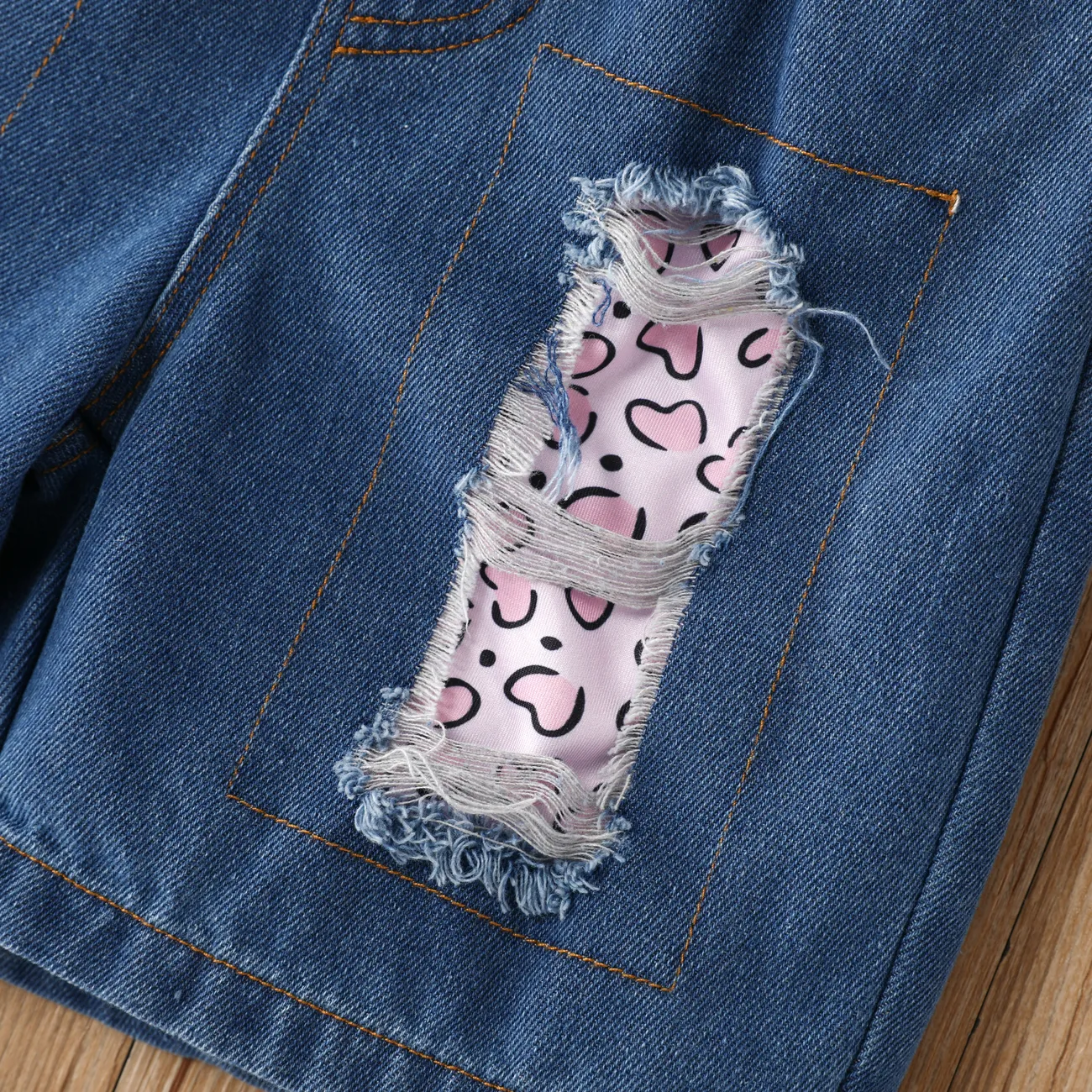 Girl's 3pcs Character Avant-garde Hole Jeans Suit Pink big image 1
