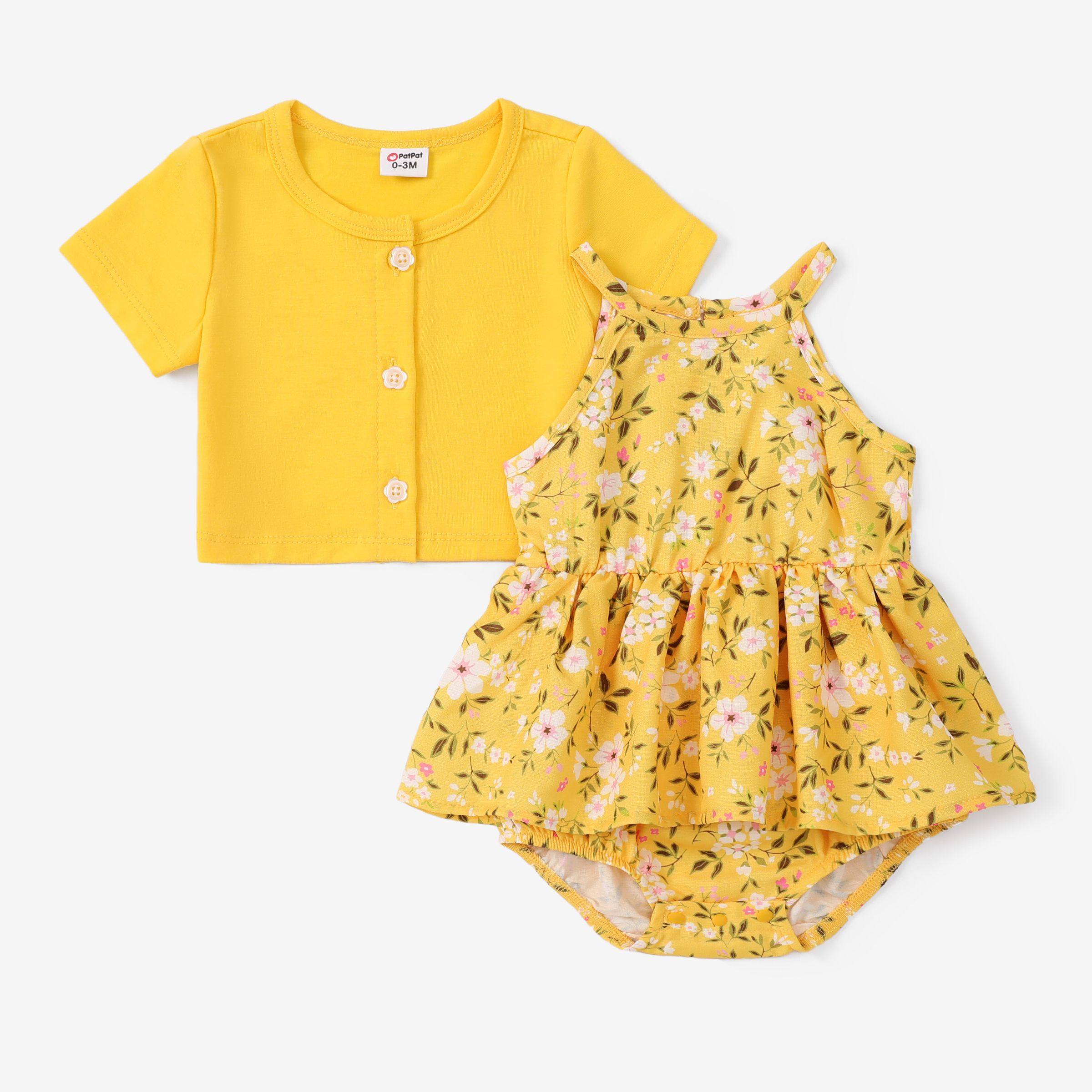 Baby Girl 2pcs Sweet Cardigan and Floral Print Ruffled Romper Set