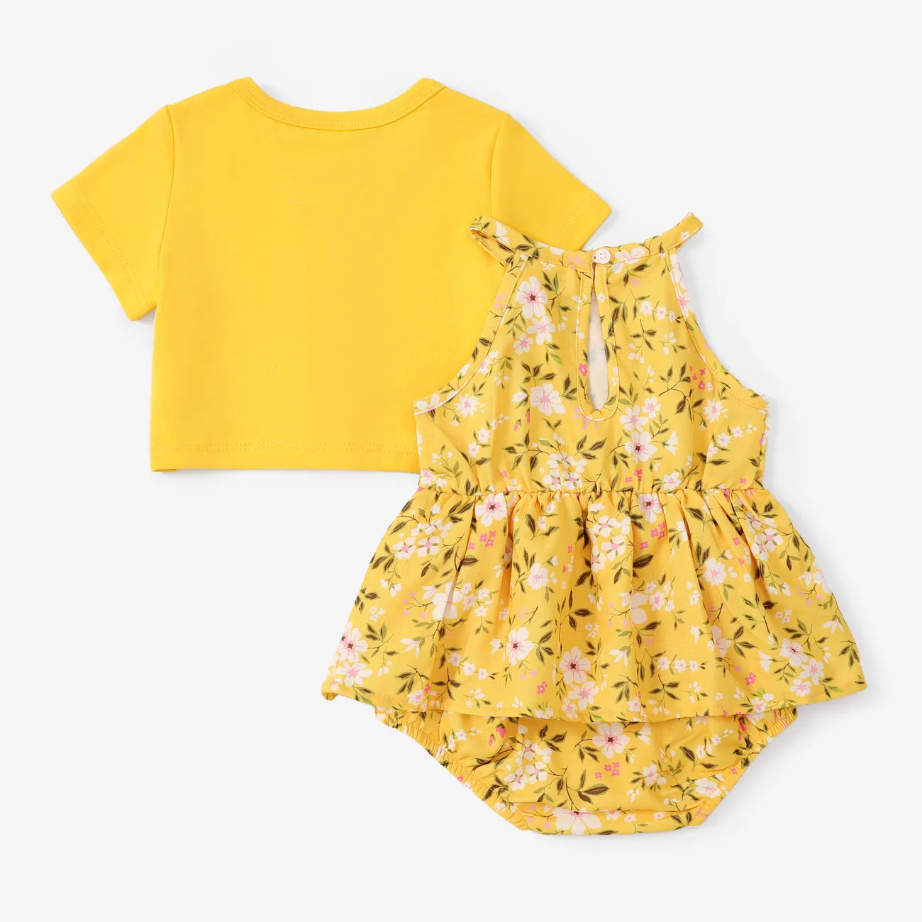 Baby Girl 2pcs Sweet Cardigan and Floral Print Ruffled Romper Set Yellow big image 1