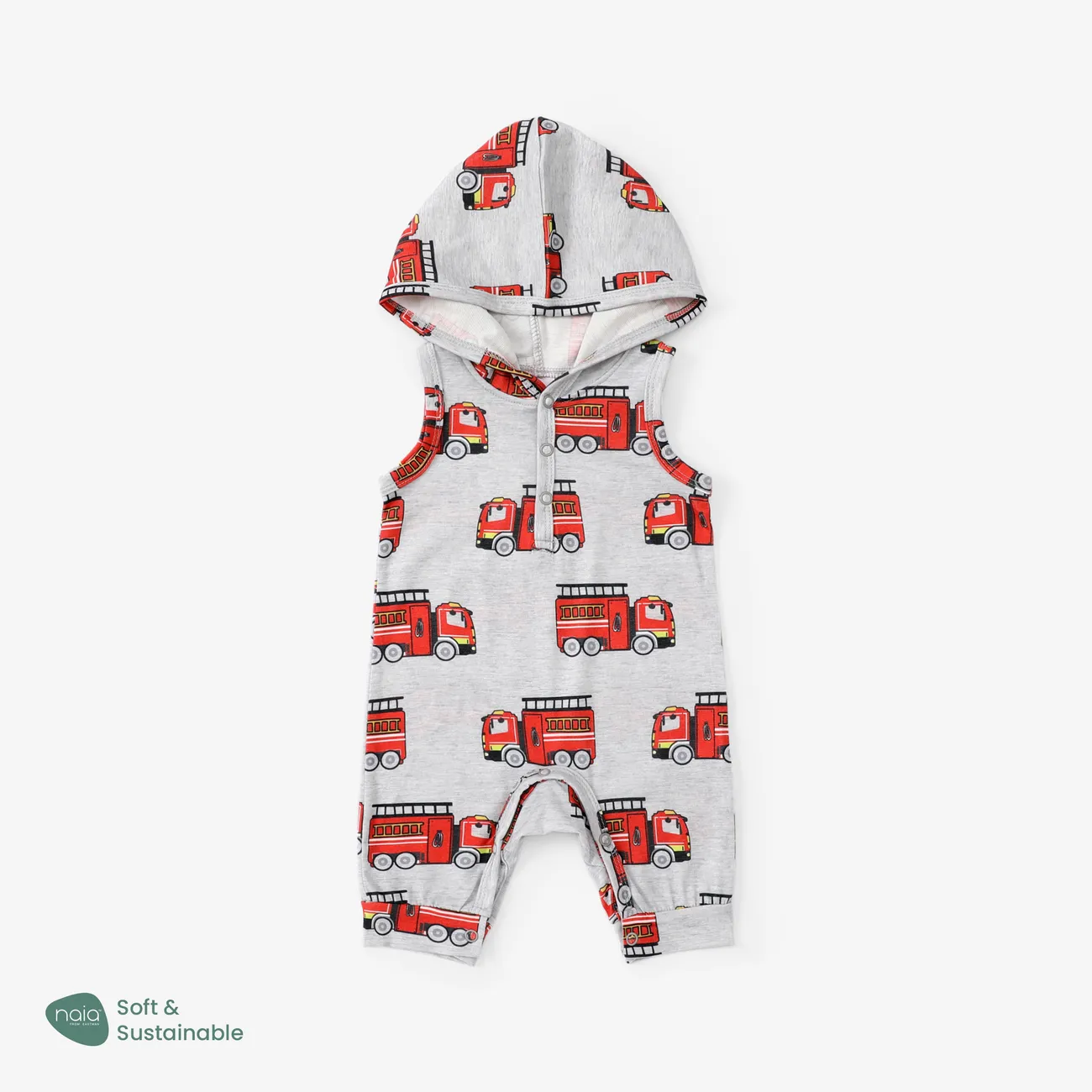 Baby Boy Vehicle Print Hooded Pajama Romper Flecked Grey big image 1