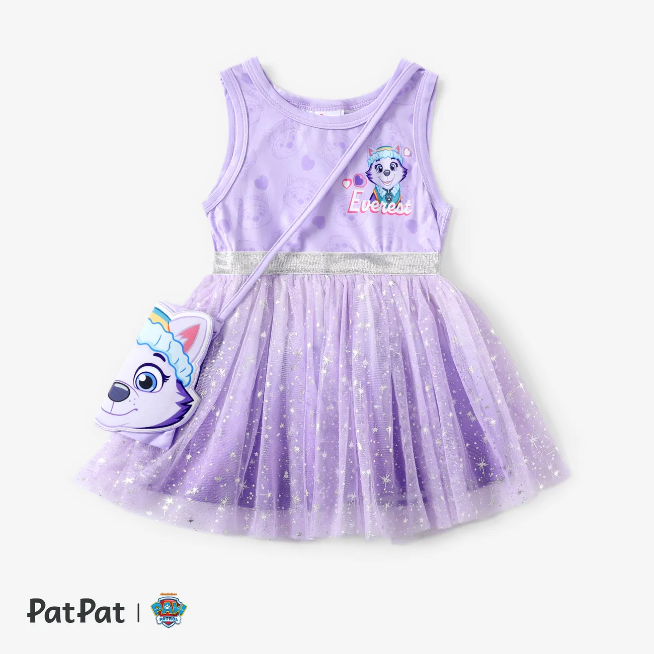 Paw Patrol Toddler Girls 2pcs Character Print Floral Sparkle Tulle Dress with Lovely Skye/Everest Bag Purple big image 1
