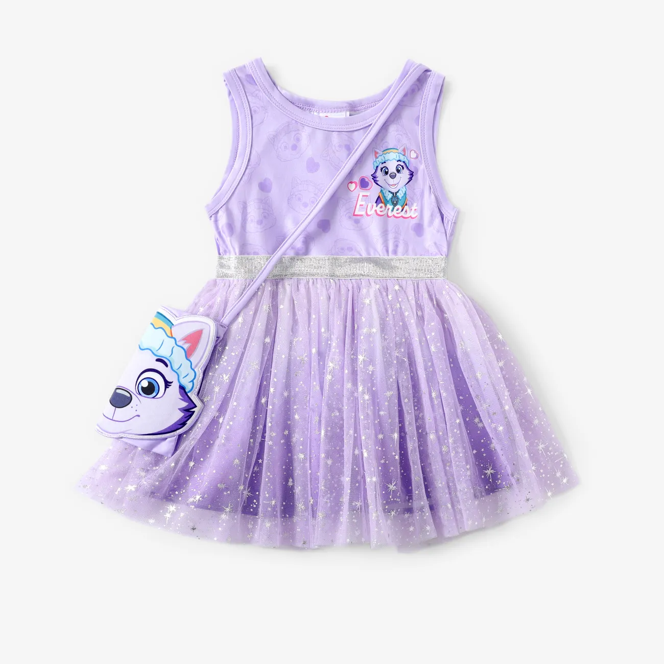 Paw Patrol Toddler Girls 2pcs Character Print Floral Sparkle Tulle Dress with Lovely Skye/Everest Bag Purple big image 1