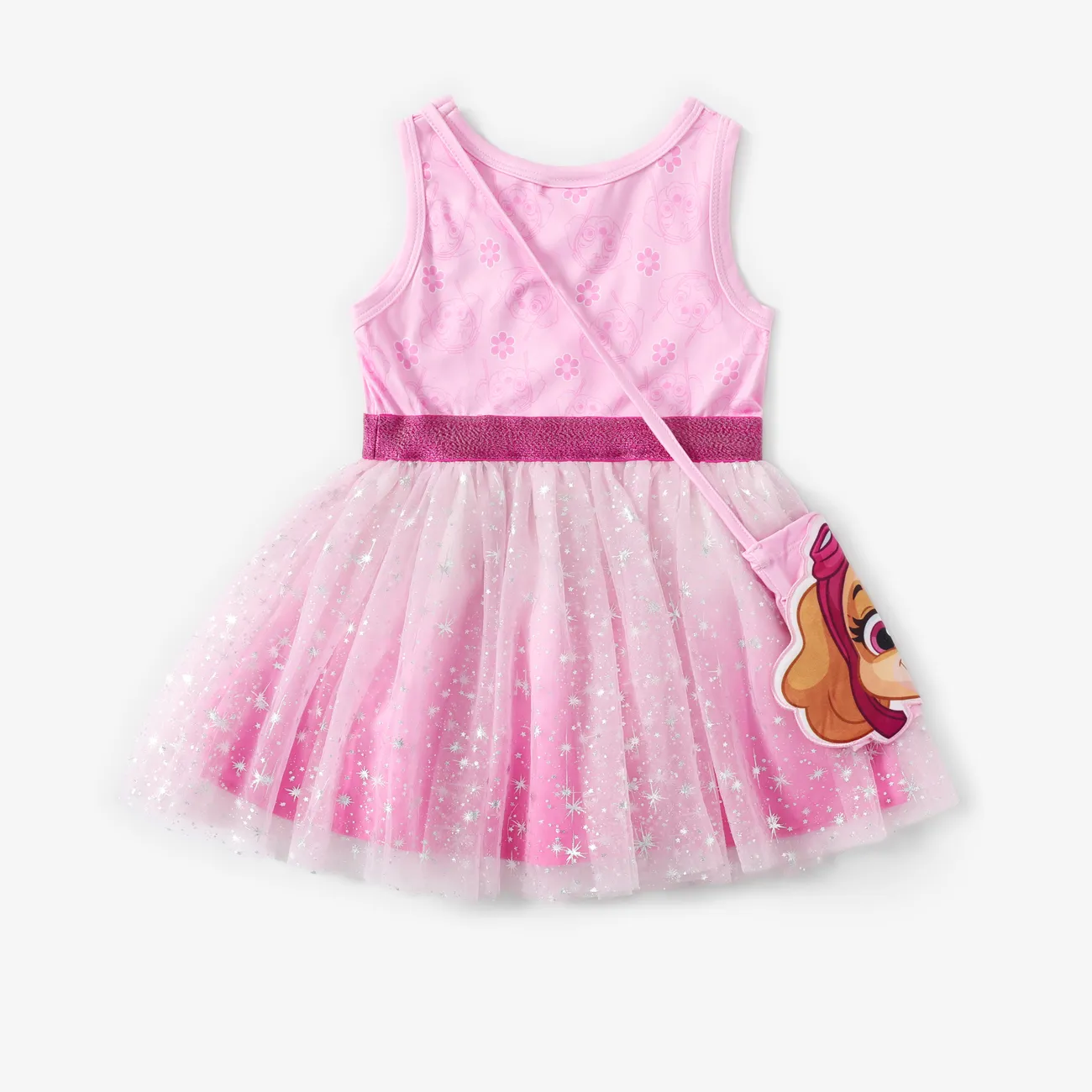 Paw Patrol Toddler Girls 2pcs Character Print Floral Sparkle Tulle Dress with Lovely Skye/Everest Bag Pink big image 1