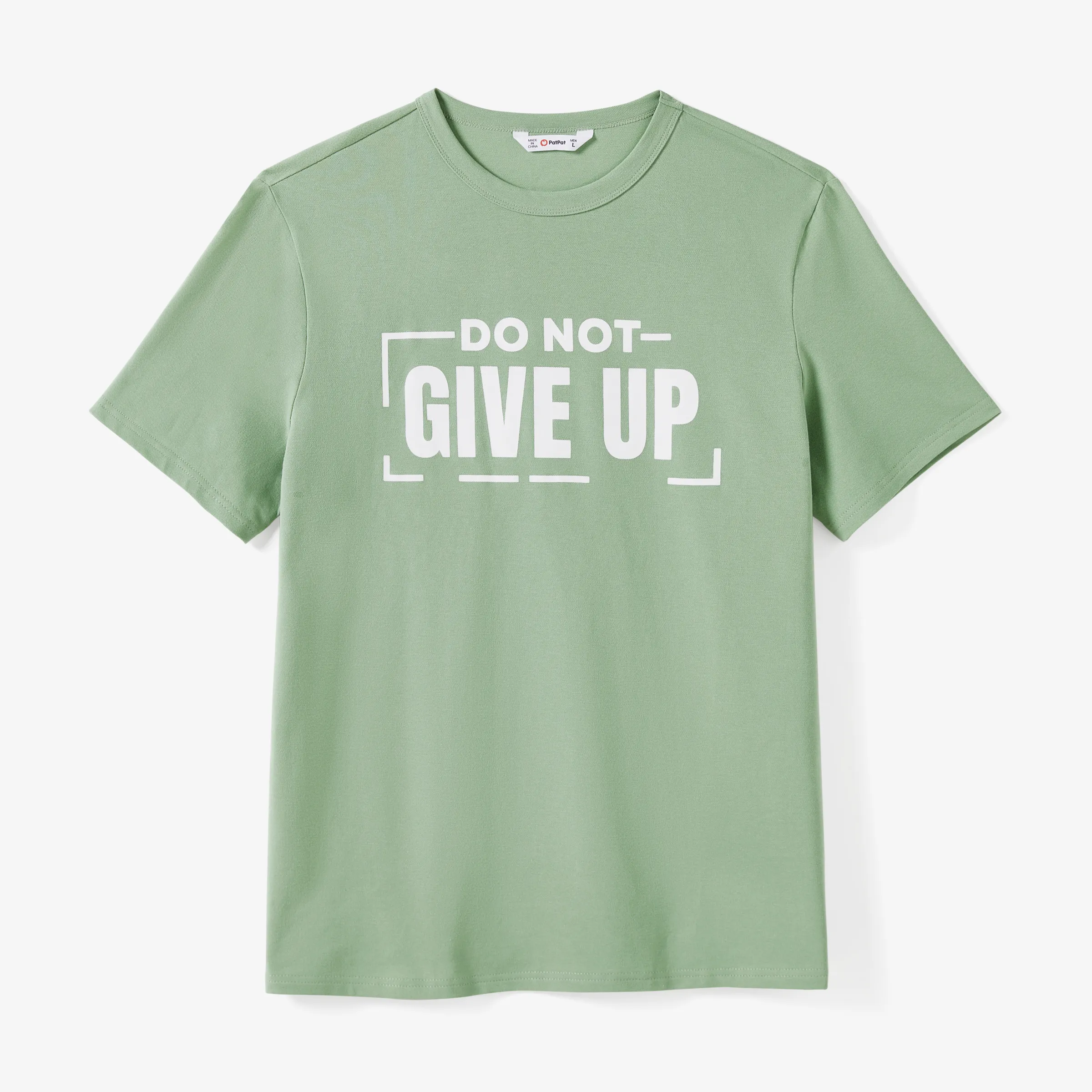 

Family Matching Light Green Slogan Tee and Lace sides Strap Dress Sets