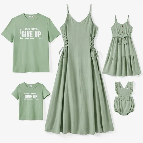 Family Matching Light Green Slogan Tee and Lace sides Strap Dress Sets