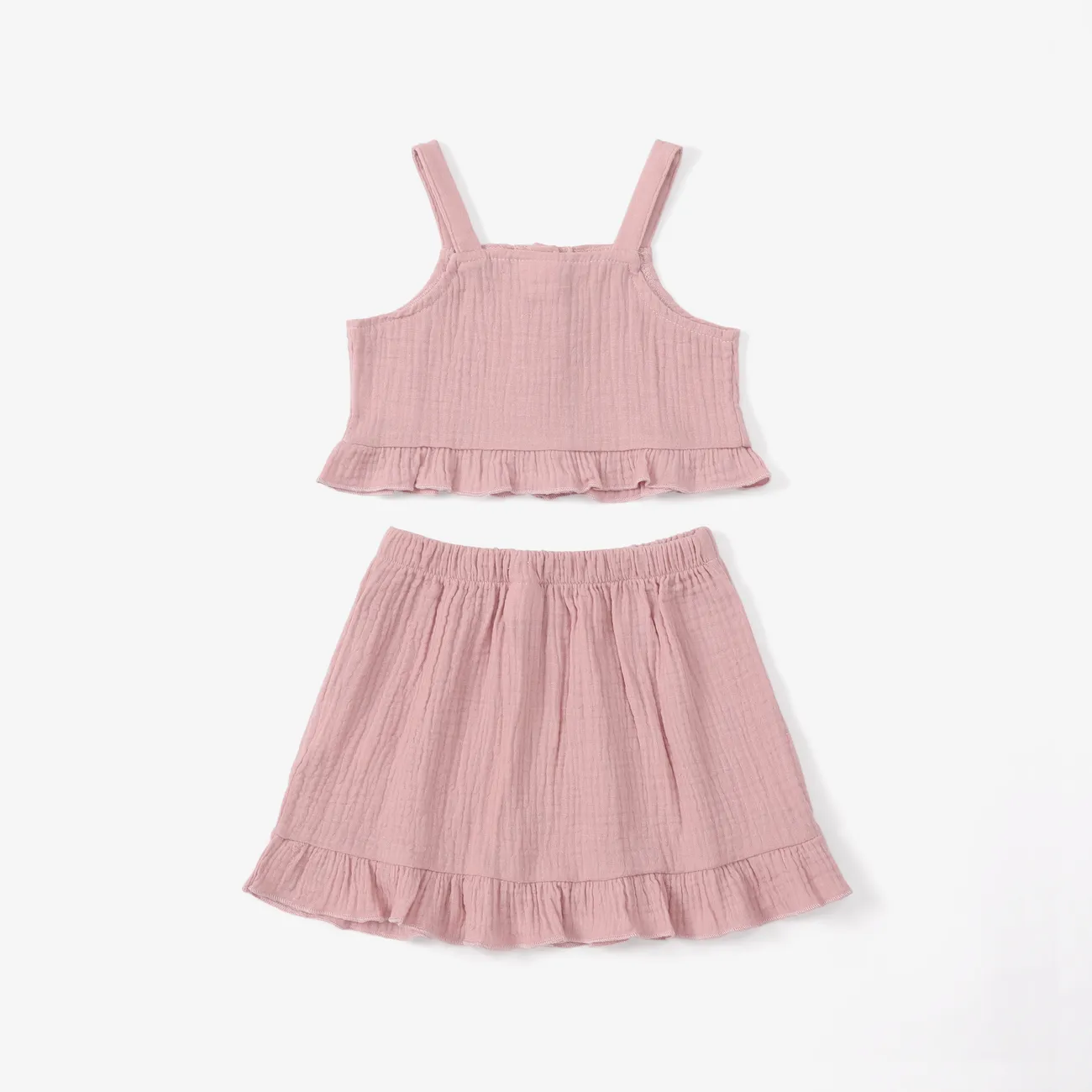 Baby Girl 2pcs Solid Color Camisole and Ruffled Skirt Set Pink big image 1