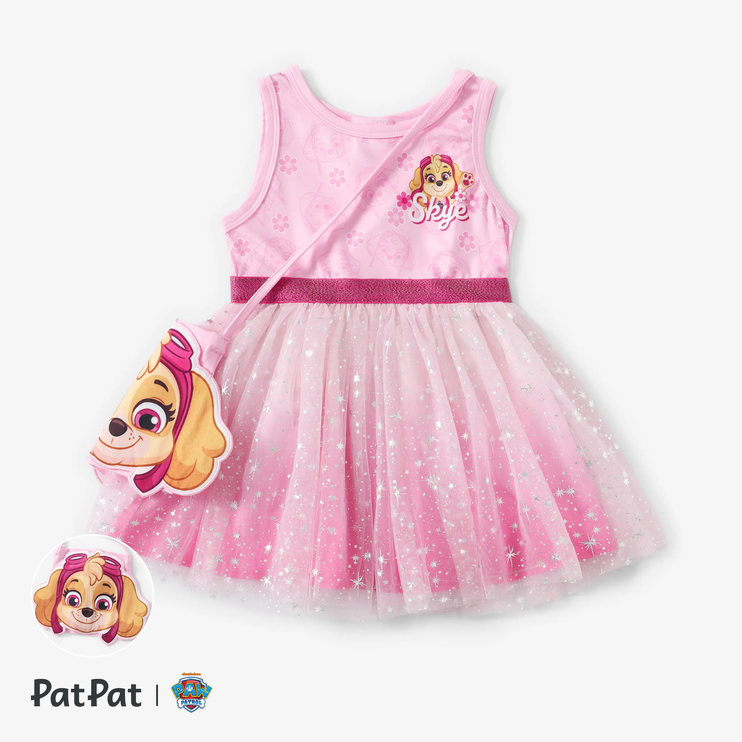 Paw Patrol 蹣跚學步的女孩 2 件裝角色印花花卉閃光薄紗連衣裙，搭配可愛的 Skye/珠穆朗瑪峯包