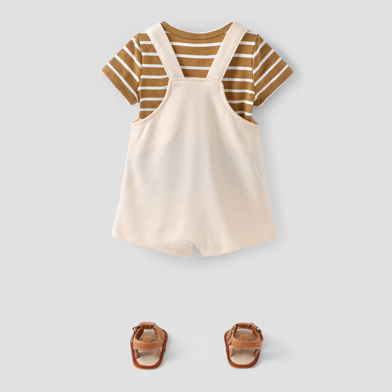 Baby Boy 2pcs Stripe Pattern Tee and Lion Print Overalls Shorts Set Khaki big image 1