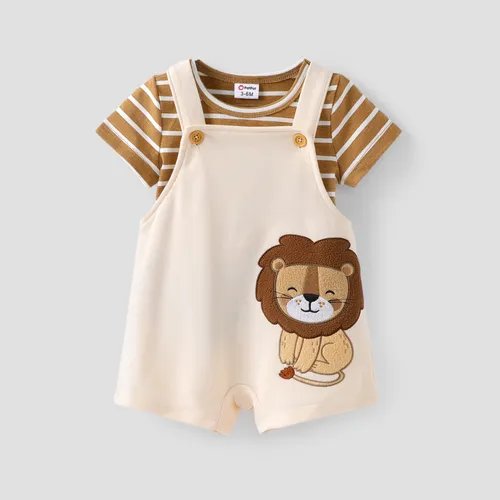 Baby Junge 2-teiliges T-Shirt mit Streifenmuster und Löwendruck-Overall-Shorts-Set