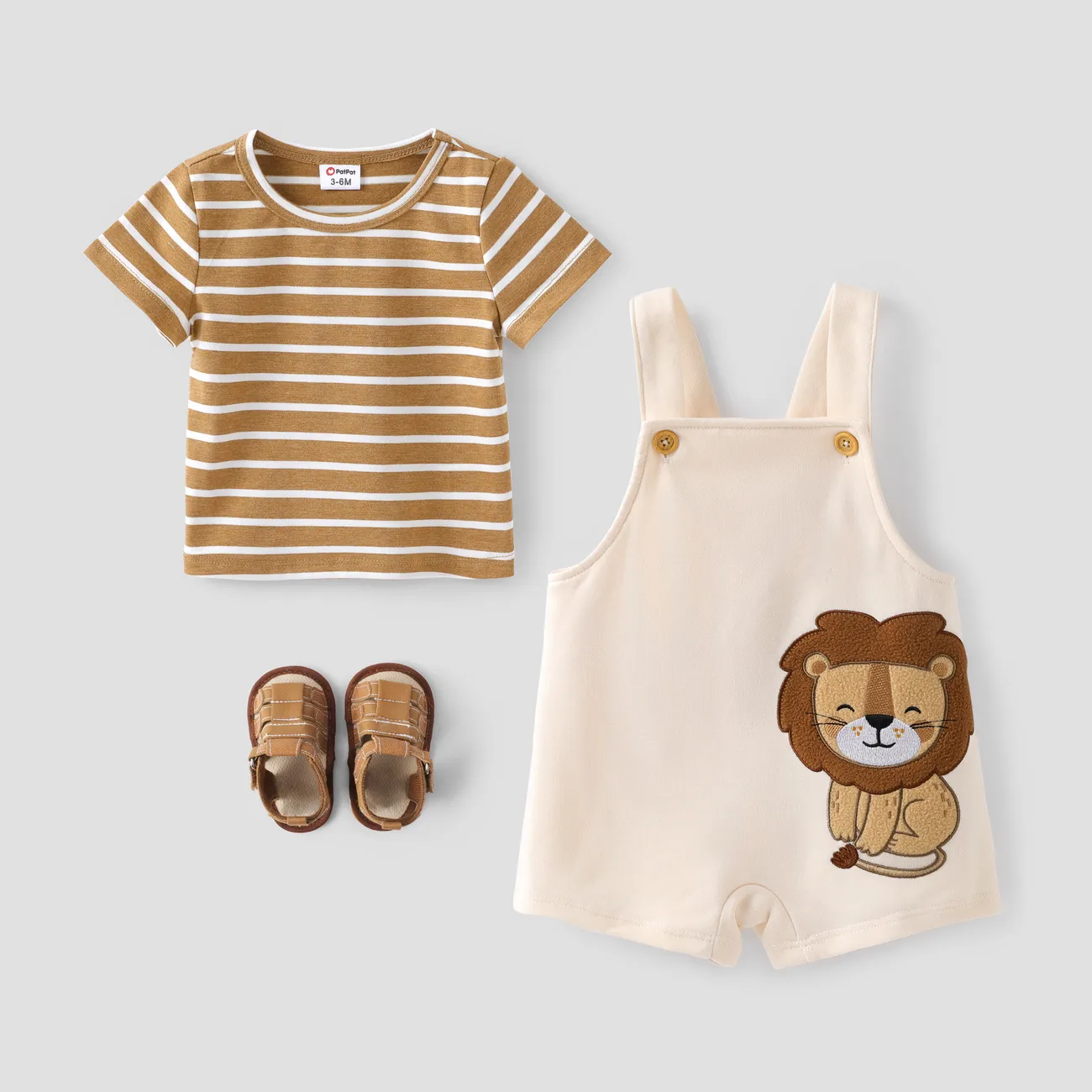 Baby Boy 2pcs Stripe Pattern Tee and Lion Print Overalls Shorts Set Khaki big image 1