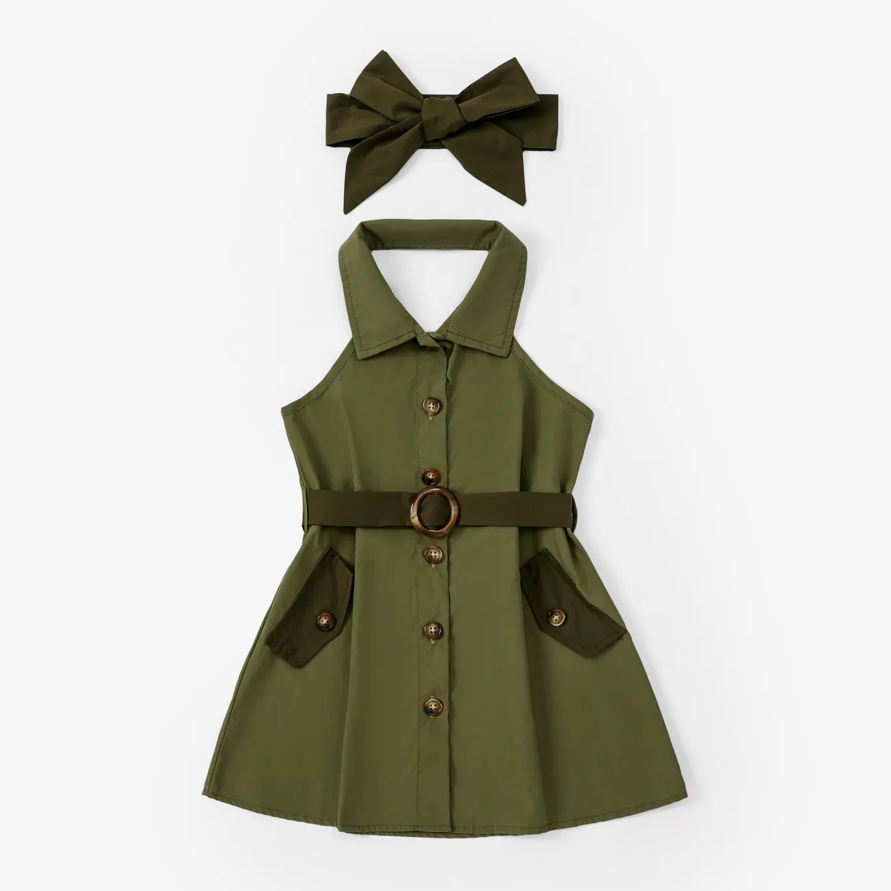 Toddler Girl 3pcs Fashionable Lapel Halterneck Dress with Belt&Headband Army green big image 1
