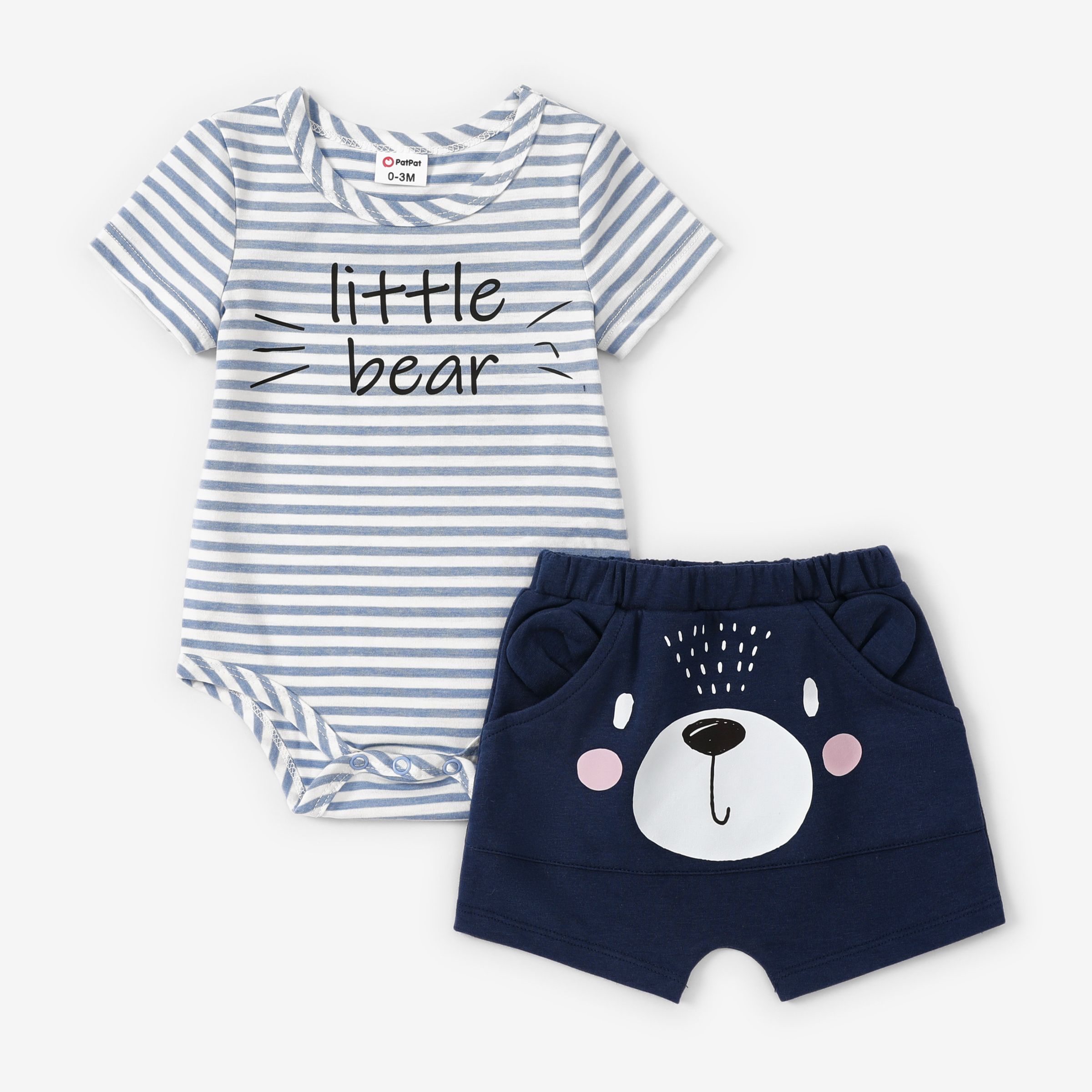 

Baby Boy 2pcs Childlike Striped Tee and Tiger/Bear 3D Design Shorts Set