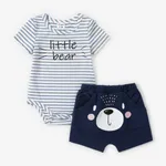 Baby Boy 2pcs Childlike Striped Tee and Tiger/Bear 3D Design Shorts Set Blue