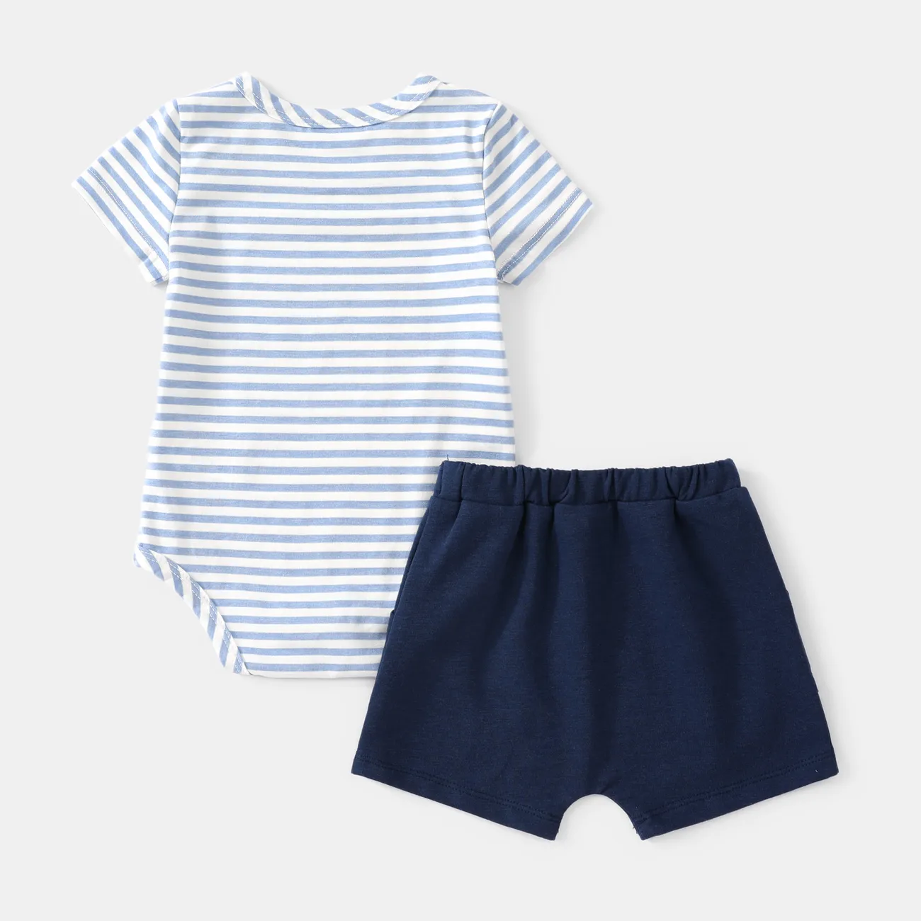 Baby Boy 2pcs Childlike Striped Tee and Tiger/Bear 3D Design Shorts Set Blue big image 1