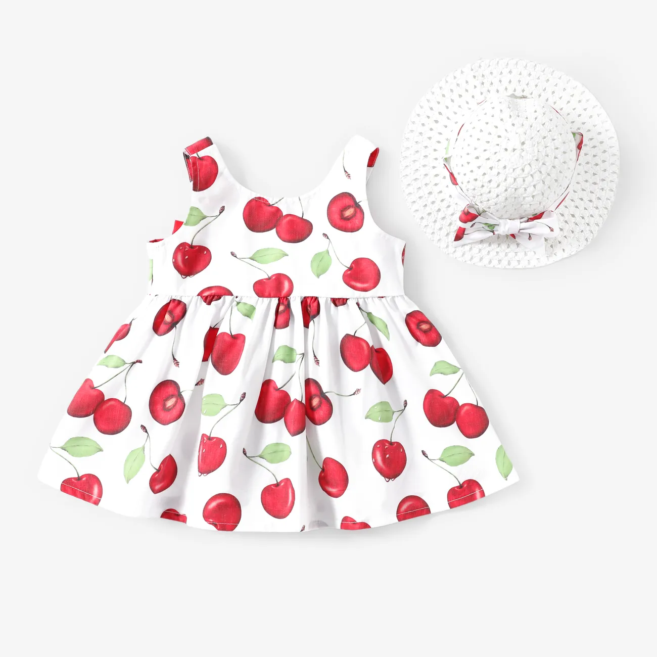 Baby Girl 2pcs Cherry Print Bowknot Dress with Hat Multicolour-1 big image 1