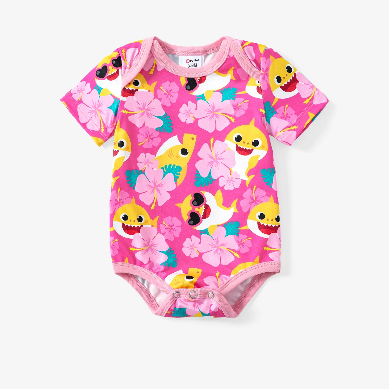 Baby Shark Baby Boys/Girls 1pc Floral Shark Print Short-sleeve Romper Pink big image 1