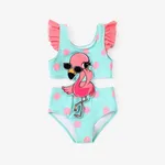 Toddler Girl Cat/Flamingo Applique Polka Dots Print Ruffled One-Piece Swimsuit Mintblue